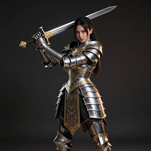 CGI image of a fierce, dark-haired woman in ornate, silver medieval armor holding a sword, standing against a dark background.