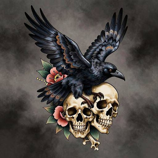 Neo-Traditional Raven and Skull Tattoo