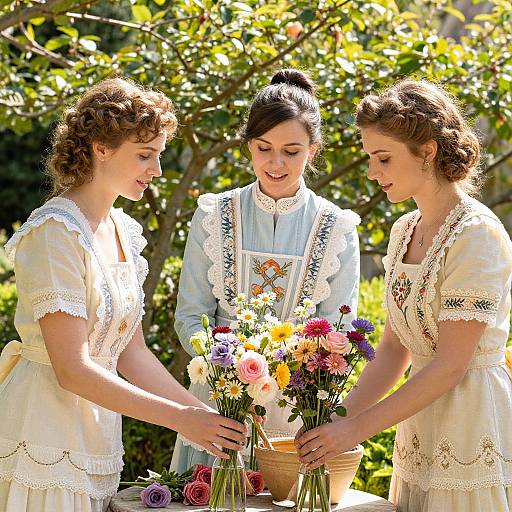 Elegant European Maids in Victorian Garden