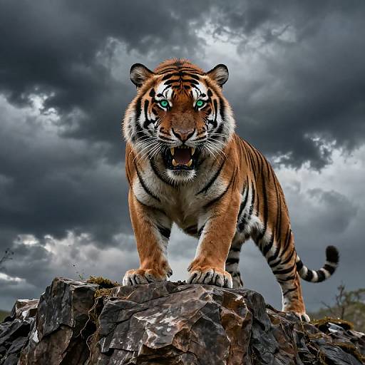 Photograph of a fierce, staring Bengal tiger with striking green eyes standing on a rocky outcrop under a dramatic, cloudy sky.