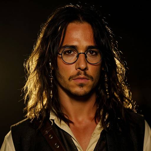 Photograph of a man with long, wavy brown hair, wearing round glasses, a white shirt, and black vest, lit against a dark background