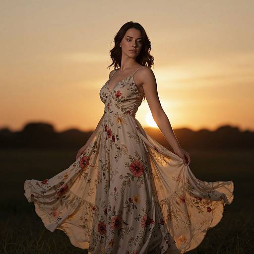 Photograph of a dark-haired woman in a floral sundress, standing in a field at sunset, holding out her dress, with a glowing orange sky