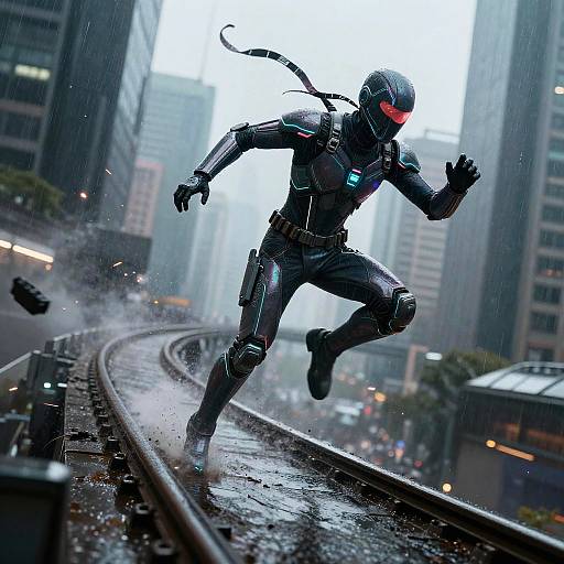 Cyber Ninja Leap on Rainy Megacity Tracks