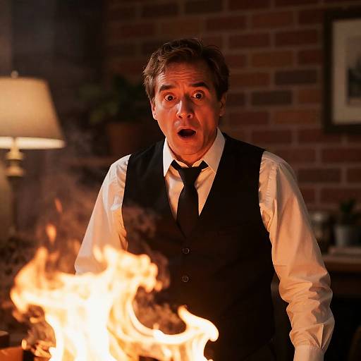 Shocked Man Amidst Intense Flames