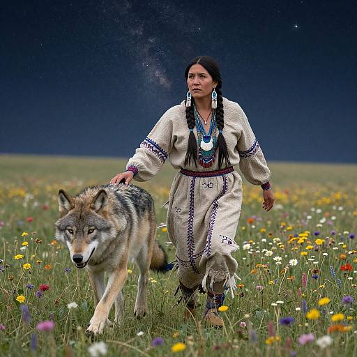 Photograph of Native American woman in white traditional dress with blue and purple embroidery, walking with a gray wolf through a colorful meadow under a starry