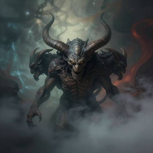Digital artwork of a terrifying, dark-skinned demon with large horns, glowing eyes, sharp teeth, and bat-like wings, emerging from smoky,