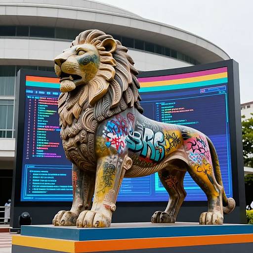 Graffiti Lion Sculpture with Digital Screen