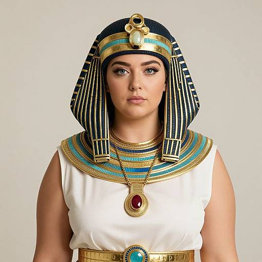 Photograph of a woman with fair skin, wearing an Egyptian-style headdress and white sleeveless tunic, adorned with gold and turquoise jewelry, against