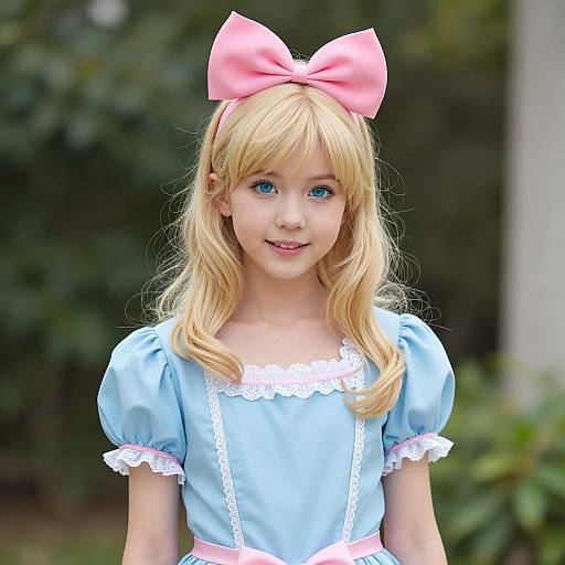 Photograph of a young blonde girl with blue eyes, wearing a light blue dress with white lace trim, pink bow headband, and pink waistband