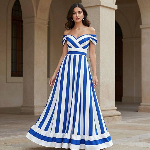 Photograph of a dark-haired woman in a blue and white striped off-shoulder, full-skirted dress, standing in a stone archway