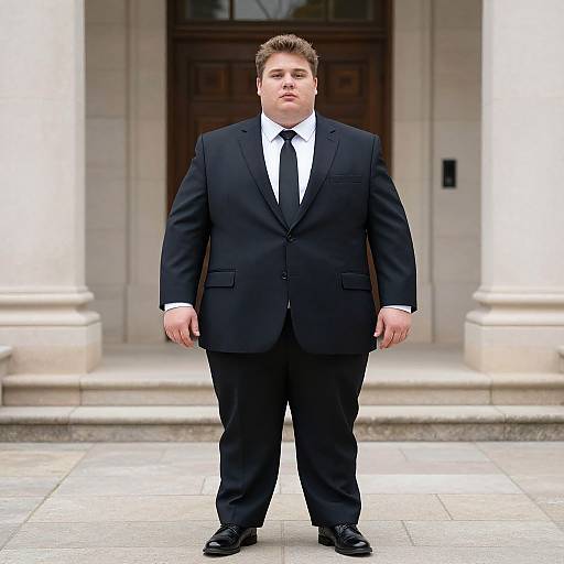 Photograph of a large, overweight man in a black suit, white shirt, and black tie standing in front of a grand building with white columns and