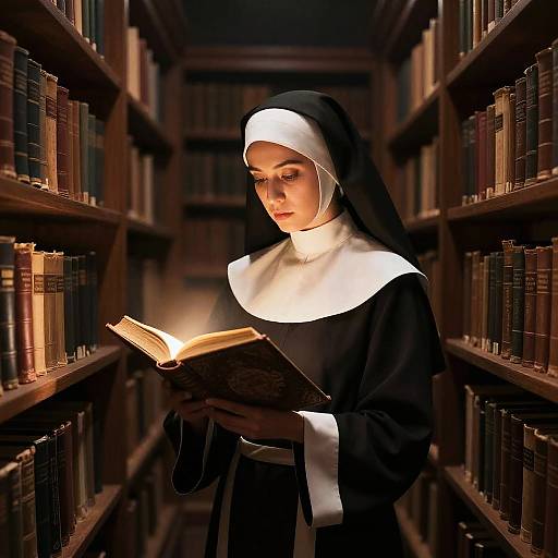 Photograph of a serene nun with a white and black habit, reading a book in a dimly lit, wooden library aisle.