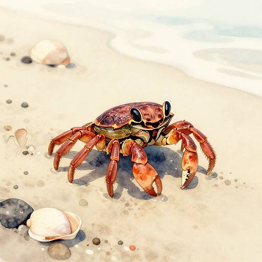 Cangrejo en hojas marinas acuarela