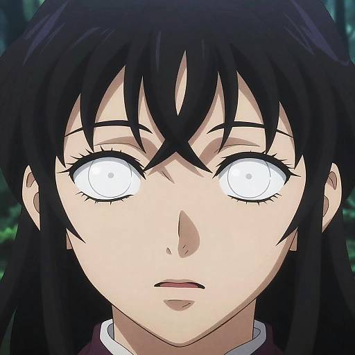 Anime-style close-up of a black-haired girl with glowing white eyes, expressionless face, and dark forest background, conveying a mysterious or supernatural atmosphere.