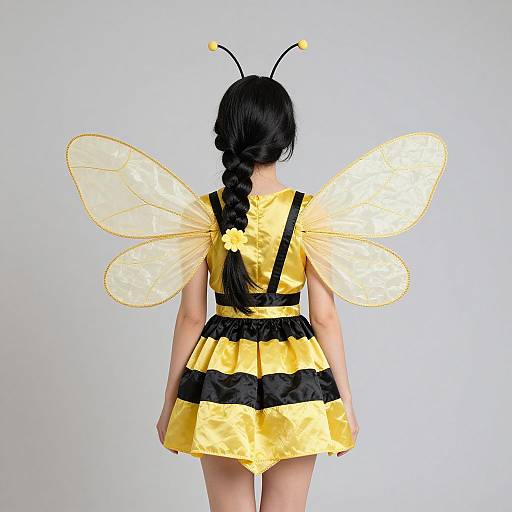 Photograph of a child with black hair in a braid, wearing a yellow and black bee costume, and translucent, winged accessories.