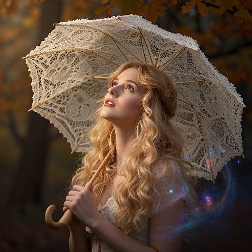 Photograph of a blonde woman with wavy hair, holding an intricate lace umbrella, gazing upward in a sunlit, autumn forest.