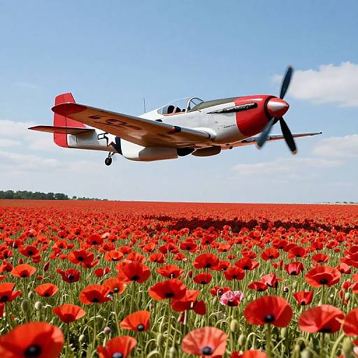 Photograph of a red and white vintage propeller plane flying over a vibrant red poppy field under a clear blue sky.
