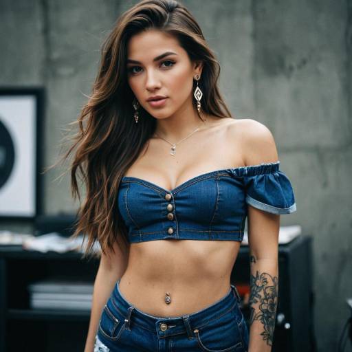 Woman in Denim Crop Top with Tattoo and Piercing