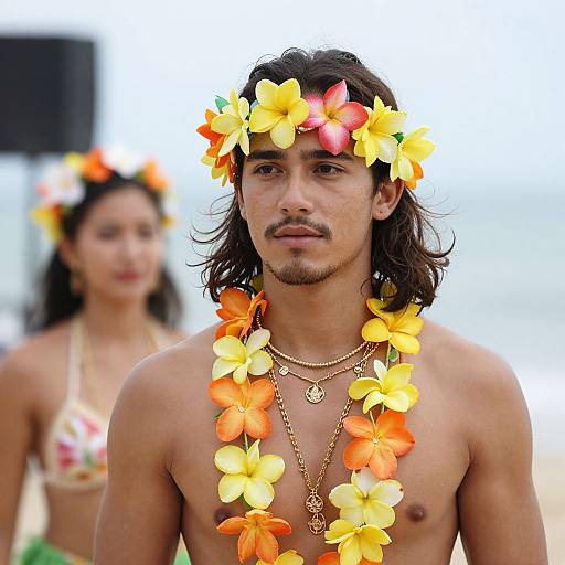 Photograph of a shirtless young man with medium skin tone, black hair, and a flower crown and lei, standing on a beach with a woman