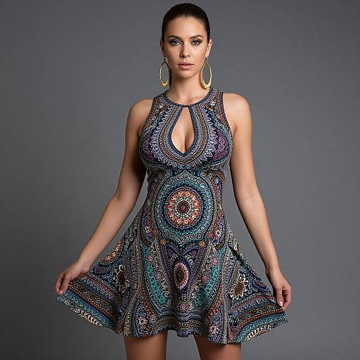 Photograph of a young woman with medium brown skin, dark hair in a sleek ponytail, wearing a colorful, patterned, sleeveless dress with