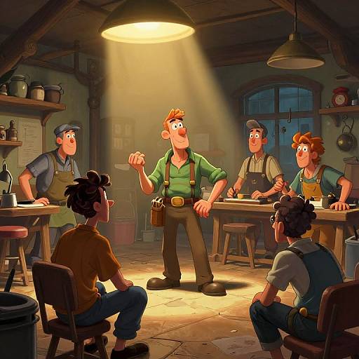 Animated scene of five men in a dimly lit, rustic kitchen, spotlight on a central, green-shirted, red-haired man speaking.