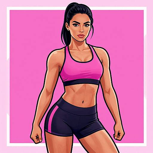 Digital illustration of a muscular, tan-skinned woman with black hair in a ponytail, wearing a pink sports bra and black shorts, against a pink