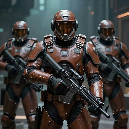 Photorealistic CGI of three armed, armored soldiers in shiny, brown futuristic suits, standing in a foggy urban street at night.