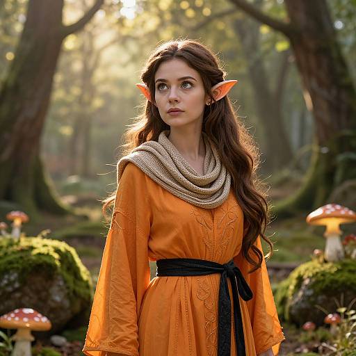 Photorealistic fantasy image of a young woman with elf ears, long brown hair, orange dress, black belt, beige scarf, standing in a sun