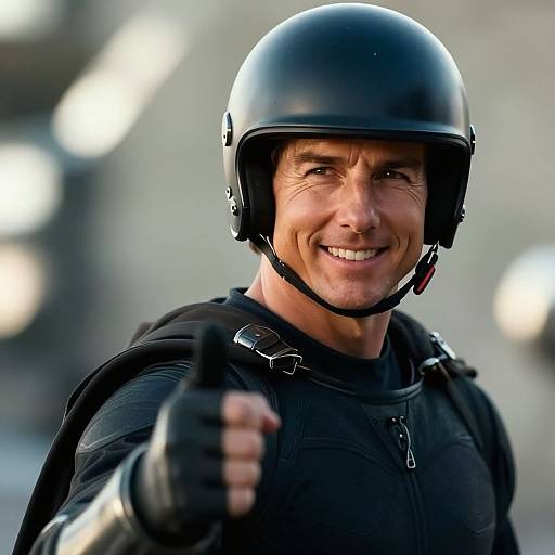 Photograph of a smiling, middle-aged man in black tactical gear and helmet, giving a thumbs-up, with blurred lights in the background.