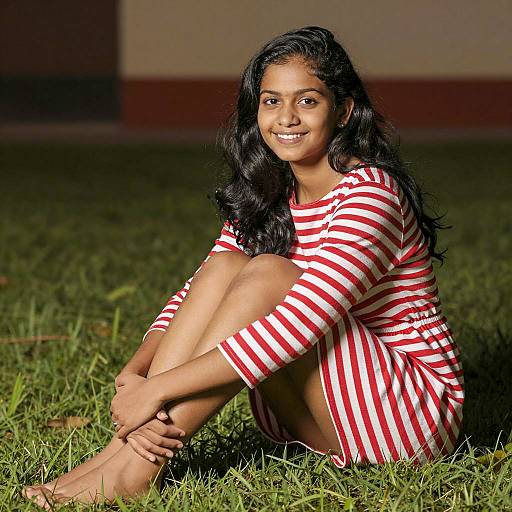 Smiling Young Woman in Striped Dress