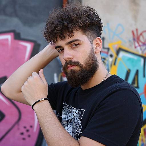 Photograph of a bearded, curly-haired man in a black t-shirt, standing against colorful graffiti wall, posing with one hand behind his head.