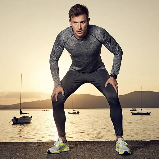 Photograph of muscular man in gray long-sleeve shirt and black leggings, crouching on pier at sunset, boats in background.