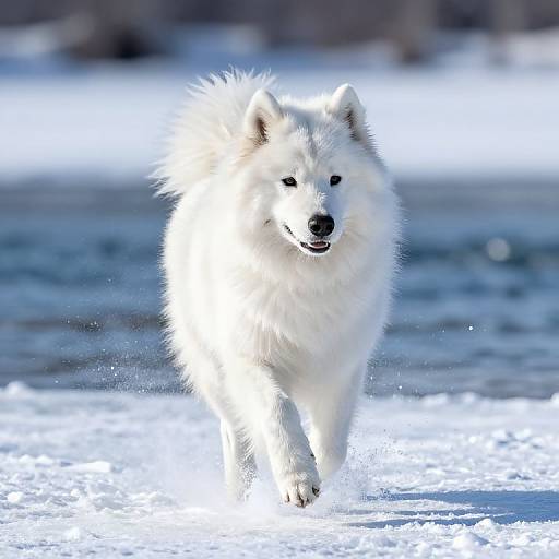 Samoyed Wolf Mix Running Frozen River