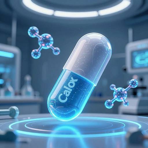 Digital CGI of a glowing blue capsule labeled 