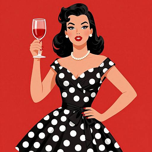 Vintage-style digital illustration of a confident woman with black hair, red lipstick, pearl necklace, and black polka dot dress, holding a wine glass,