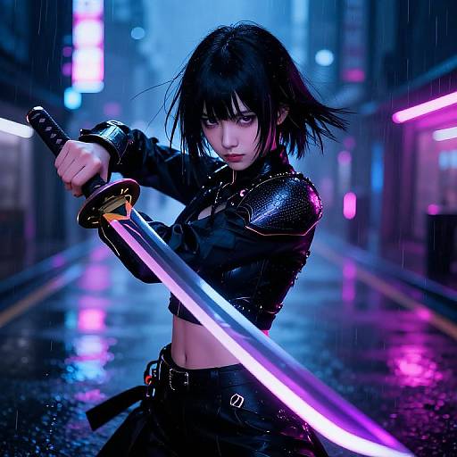 Cyberpunk ninja woman with black hair, glowing purple sword, black leather armor, neon-lit rainy alleyway, intense expression, dynamic pose.