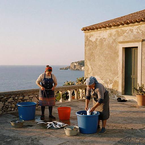 Two older women washing clothes by the sea, standing on a sunlit stone terrace with weathered building, potted plants, and ocean view.