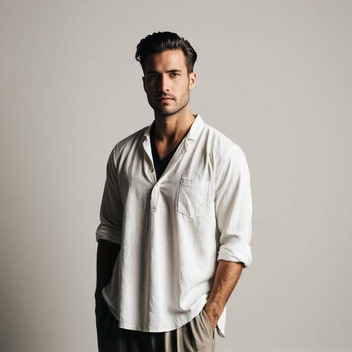 Man in White Tunic Shirt with Side Part Hairstyle