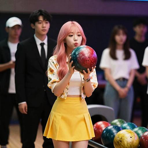 Young Woman Bowling with Vibrant Style