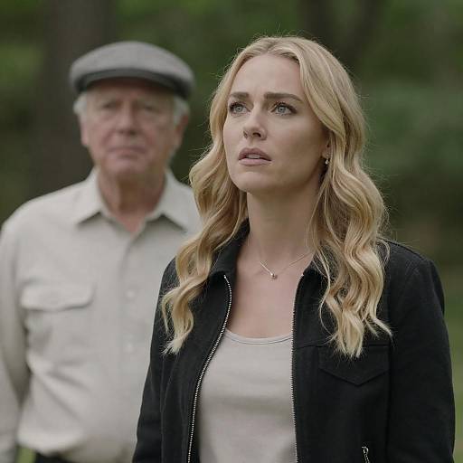 Photograph of a blonde woman with wavy hair, wearing a black jacket and white top, looking serious, with an older man in a light shirt