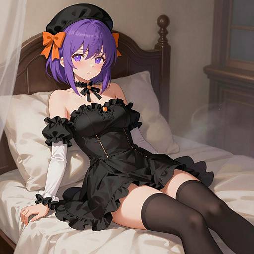 Anime Girl Abigail Williams in Black Dress on Bed