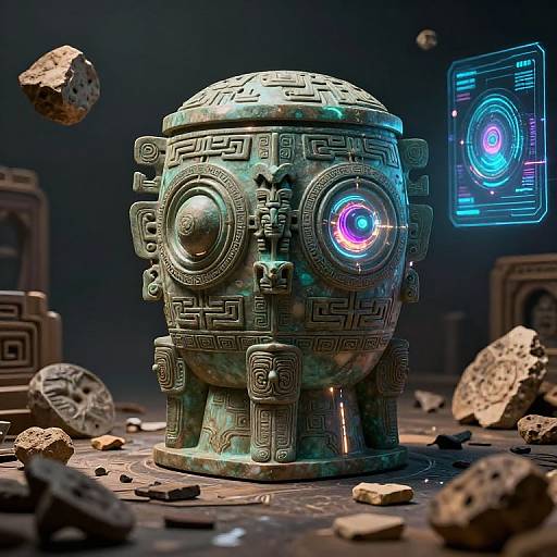 Photorealistic CGI of a turquoise, ancient Mesoamerican-style robot with glowing blue and pink eyes, surrounded by floating rocks and neon hologram in