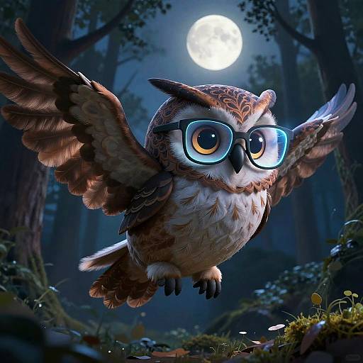 Digital illustration of a cartoon owl with large blue glasses, brown and white feathers, mid-flight in a moonlit forest, wings spread wide. Full moon