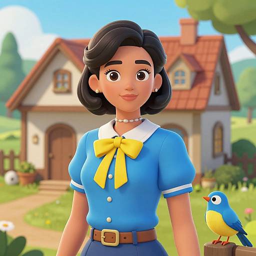 3D digital art of a smiling woman with black hair, blue dress, yellow bow, pearl necklace, standing in front of a cottage with a blue