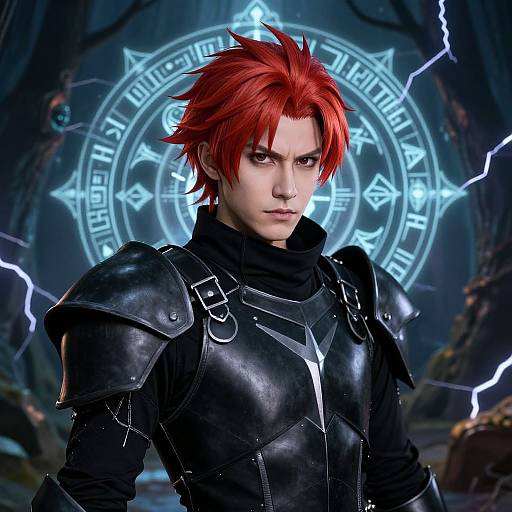 Digital artwork of a red-haired, stern-faced male warrior with black leather armor, set against a glowing, mystical, circular symbol background.