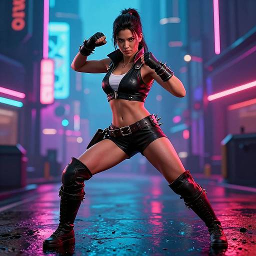 Digital artwork of a fierce, muscular woman in a black leather crop top and shorts, fighting stance, neon-lit cyber city street at night.
