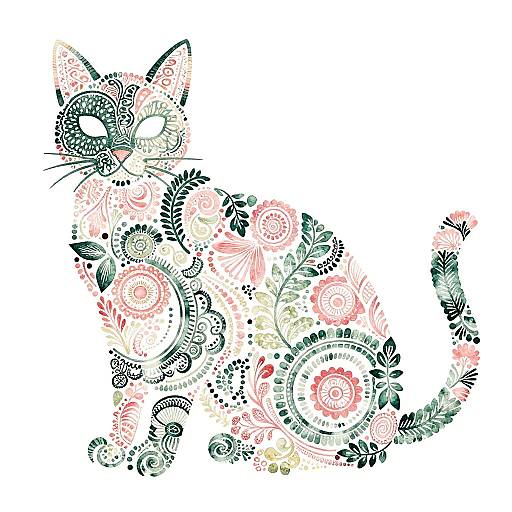 Intricate Ink-and-Watercolor Cat Silhouette