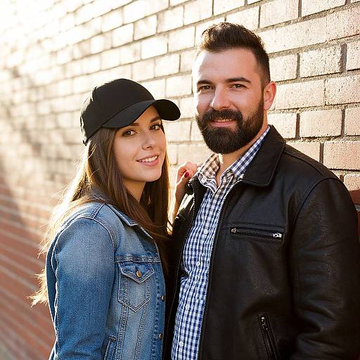 Photograph of a smiling couple standing against a brick wall; she wears a black cap, denim jacket; he has a beard, black jacket, and