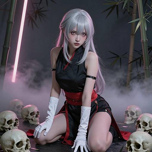 Silver-Haired Anime Woman in Fog