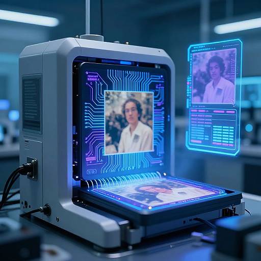Photograph of a futuristic, blue-lit computer displaying a woman's face on a neural network interface, with a holographic screen to the right.